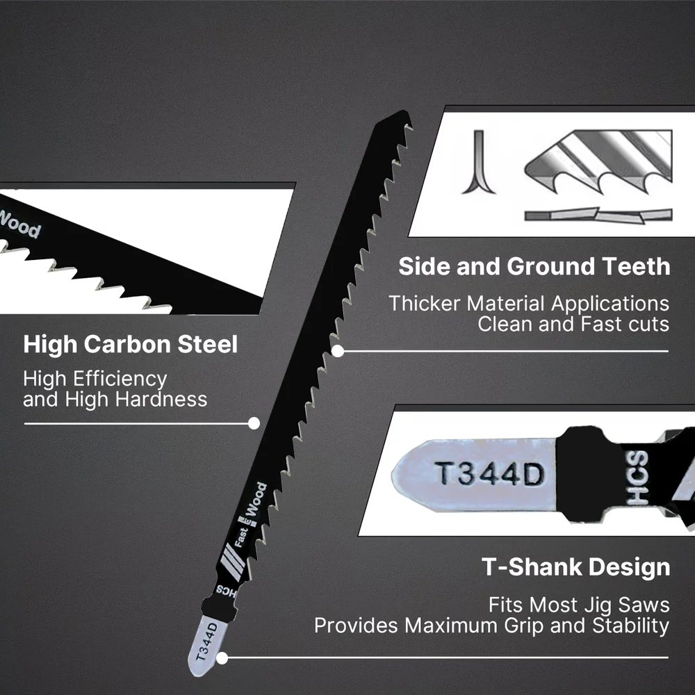 5Pcs T-Shank Jigsaw Blades T344D Hcs for Cutting Thick Construction Timber Softwood Chipboard Core Plywood Woodworking Tool