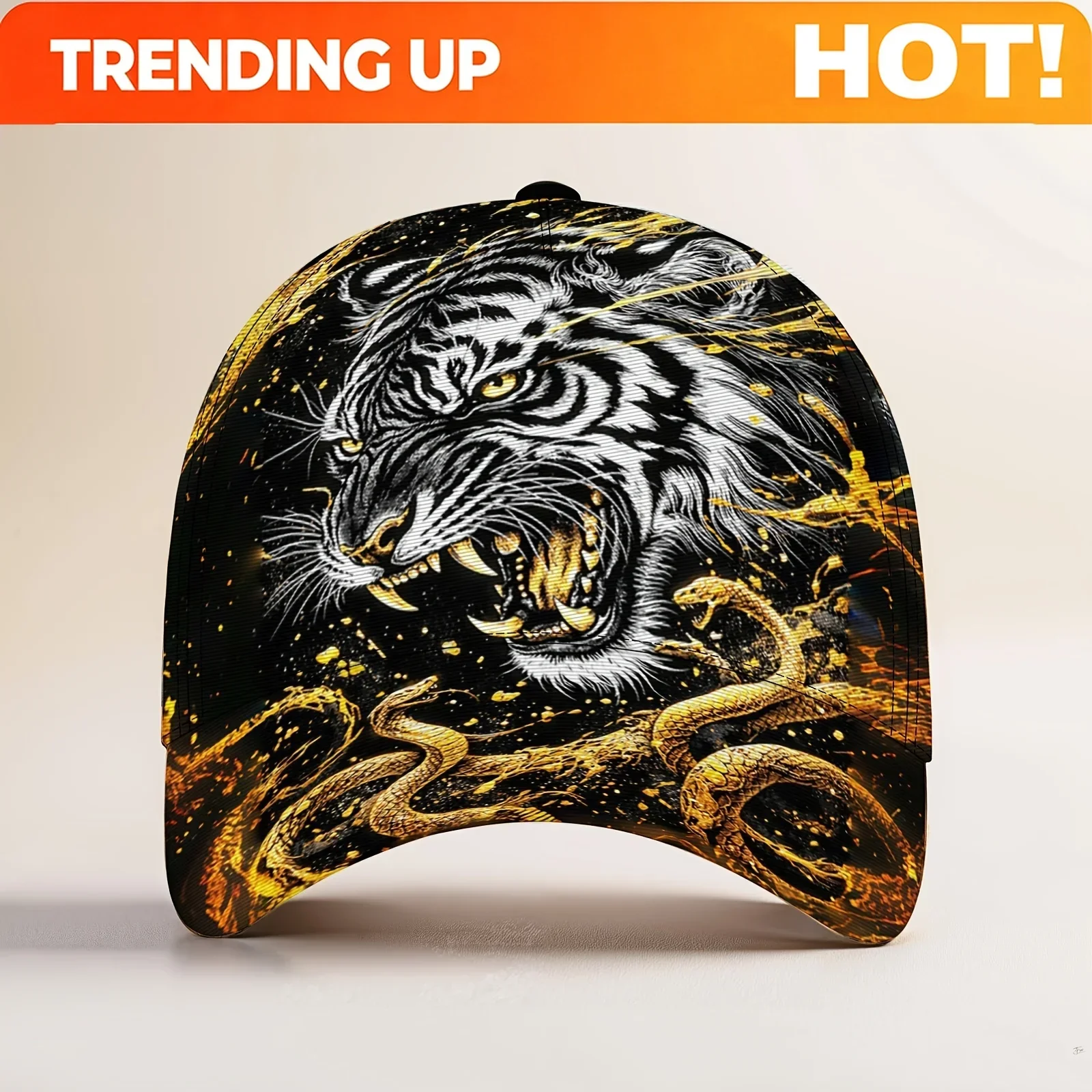Customization Hats 1pc Golden Flame Tiger & Snake Cap Lightweight & Versatile Unisex Baseball Cap - Outdoor Sunshade, Breathable