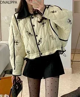 Onalippa Embroidery Floral Quilted Coat Small Fragrance Drawstring Contrast Winter Clothes Women French Style Vintage Coats
