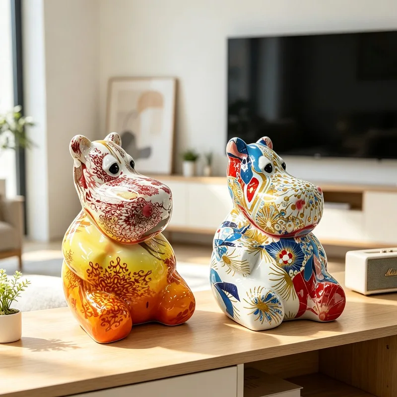 Cute Hippopotamus Statue Graffiti Bulldog Sculpture Modern Fashion Home Decoration Animal Models Desktop Ornament Dog Figurine