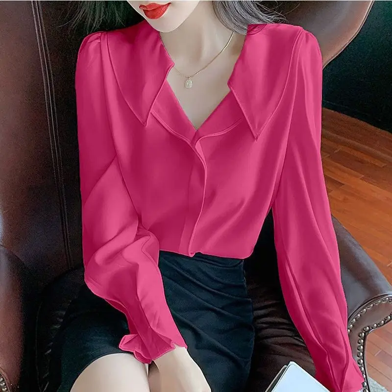 Elegante chiffon sólido solto blusa primavera outono nova manga longa com decote em v simplicidade camisa topos temperamento moda roupas femininas