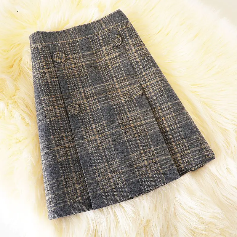 

Korean Preppy Style Autumn Women's Button Plaid Zipper Irregular Fashion Office Lady Casual Slim High Waist Short A-line Skirt