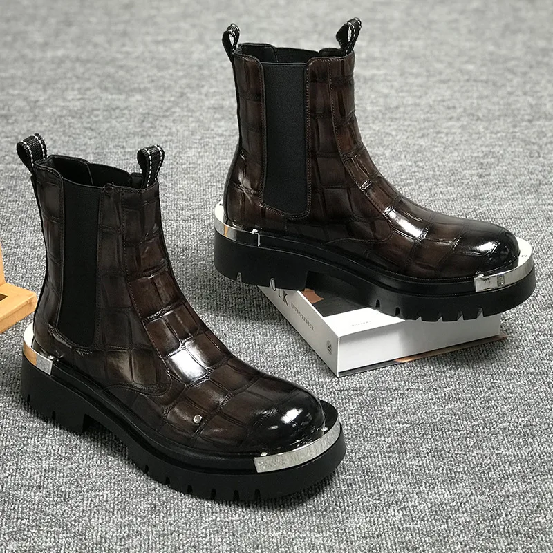 High Quality Mens Derby Boots High Top Metal Toe Cap Slip on Work Ankle Boots Chunky Sole Business Casual Shoes Fashion Footwear view 4