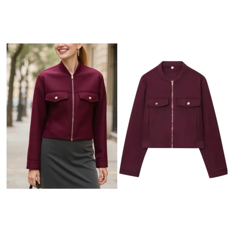 

Women Soft Short Jacket with Zipper Autumn Casual O Neck Long Sleeve Pocket Women's Jacket Fashion Female Coats