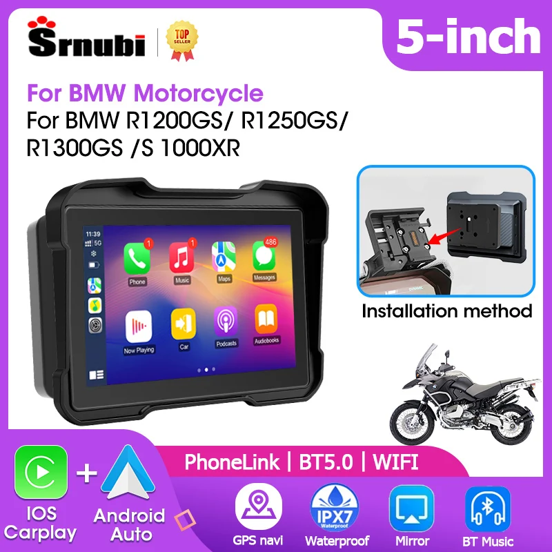 راديو دراجة نارية Srnubi مقاس 5 بوصات لسيارات BMW R1200GS/ R1250GS/ R1300GS /S1000XR ملاحة GPS CarPlay Android ستيريو تلقائي للدراجات النارية