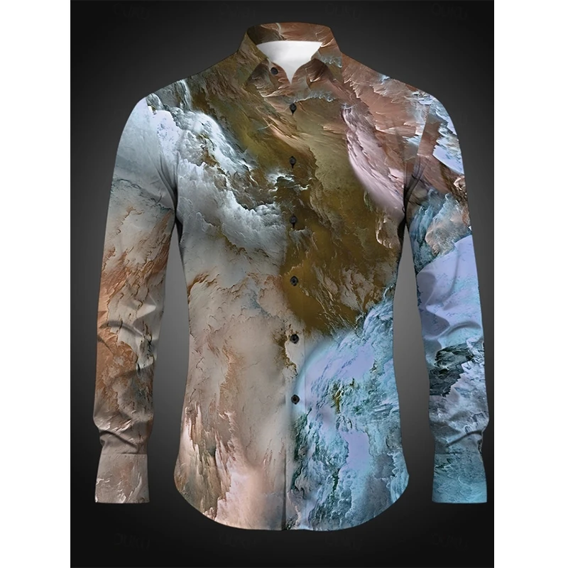 Men Casual Long Sleeve Shirt Gradient Blue‑gold Abstract‑cloud Design Turn‑down Collar Button‑down Holiday Outing Top