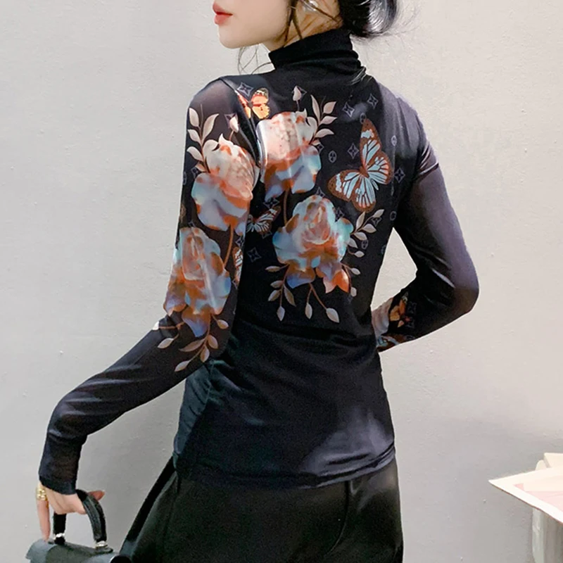 Black Korean Style Fall Winter T-Shirt Chic Sexy Turtleneck Print Butterfly Gauze Women Tops Long Sleeve Slim Tees 2024 New 4921