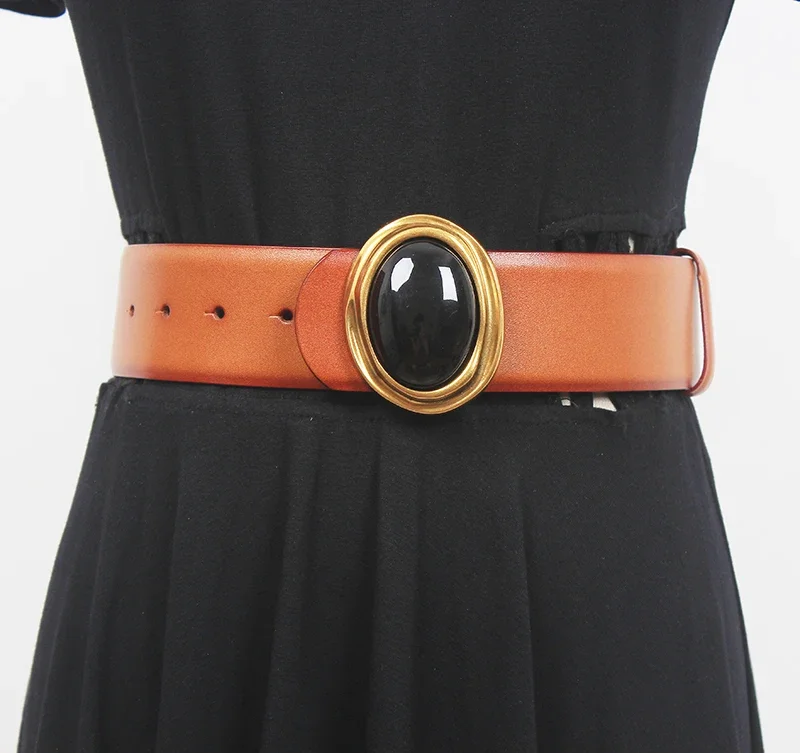 

Women's Runway Diamonds Buckle Genuine Leather Cummerbunds Female Dress Corsets Waistband Belts Decoration Wide Belt R1756