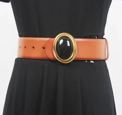 Women's Runway Diamonds Buckle Genuine Leather Cummerbunds Female Dress Corsets Waistband Belts Decoration Wide Belt R1756