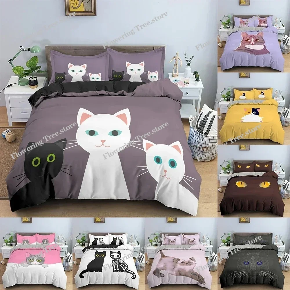 

Cute Cat Pattern Duvet Cover Set 3D Cartoon Animal Bedding Set King Queen Twin Size Quilt Cover For Children's Bedroom