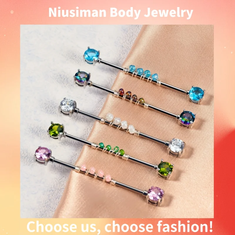14G Industrial Barbells 304 Stainless Steel 38mm Rhinestones Industrial Piercing Jewelry Cartilage Helix Piercing Jewelry