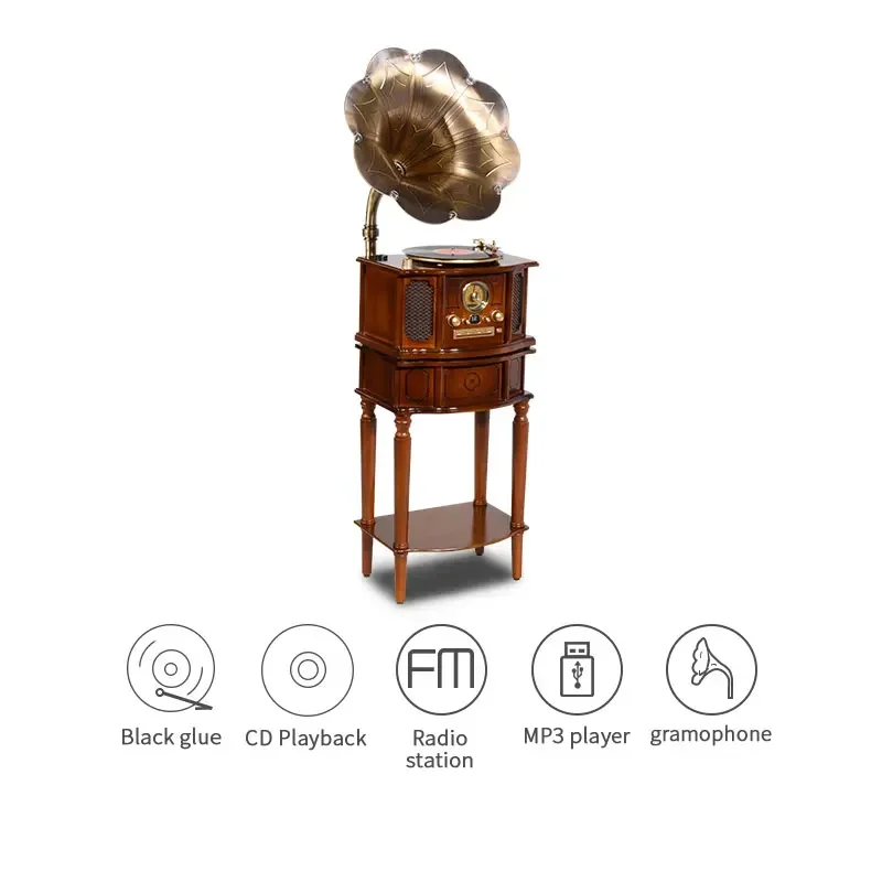 Multifunctional Gramophone Player Wooden Antique Vintage Vinyl Record CD MP3 Player W/built in AM/FM Radio and Speakers