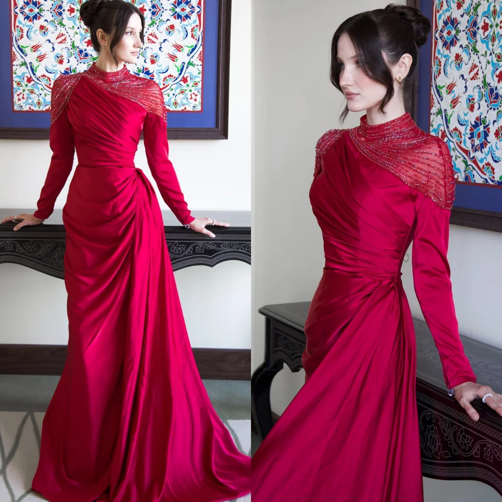 Customized Modern Style Jersey Sequined Pleat A-line High Collar Long Dresses Bespoke Occasion Matching