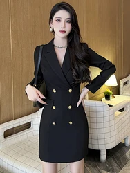 Moda elegante abito formale Blazer per le donne nero verde bianco tessuto manica lunga doppio petto abiti Mujer Party Mini abito