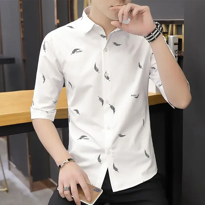 

Floral Print Shirts for Men White Striped Half Sleeve Elegant Aesthetic Korean Style Vintage Cotton Summer Cheap Brand Man Shirt