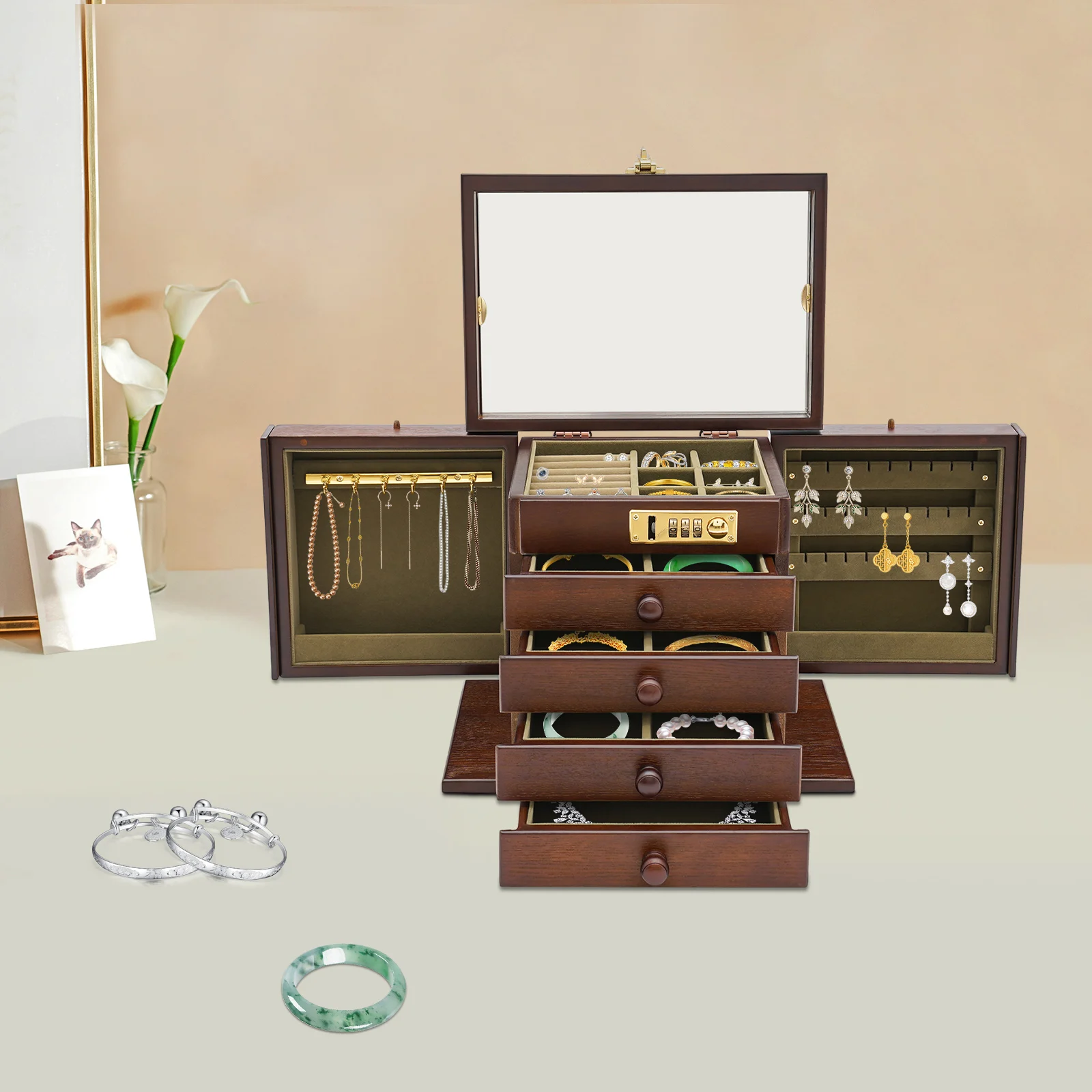 

Rustic Jewelry Storage Organizer Box with Combination Lock, Tabletop 10.8x7.5x9 Inches, Multi-Compartment for Rings Earrings