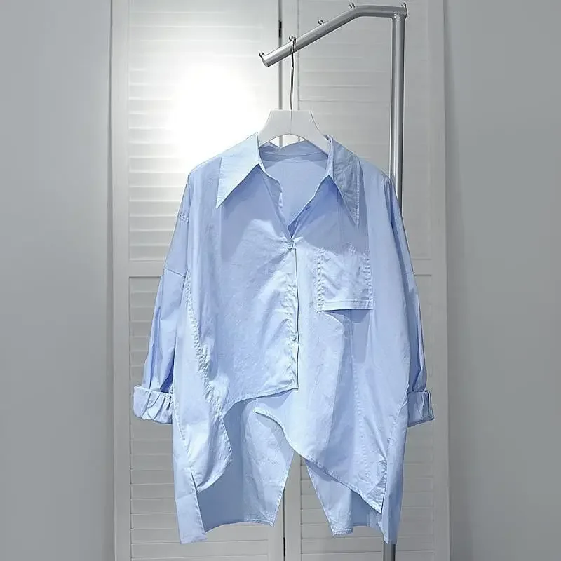 

Women's 2025 Autumn New Patchwork Polo Collar Button Pocket Fashion Solid Loose Casual Long Sleeved Blouses Shirts
