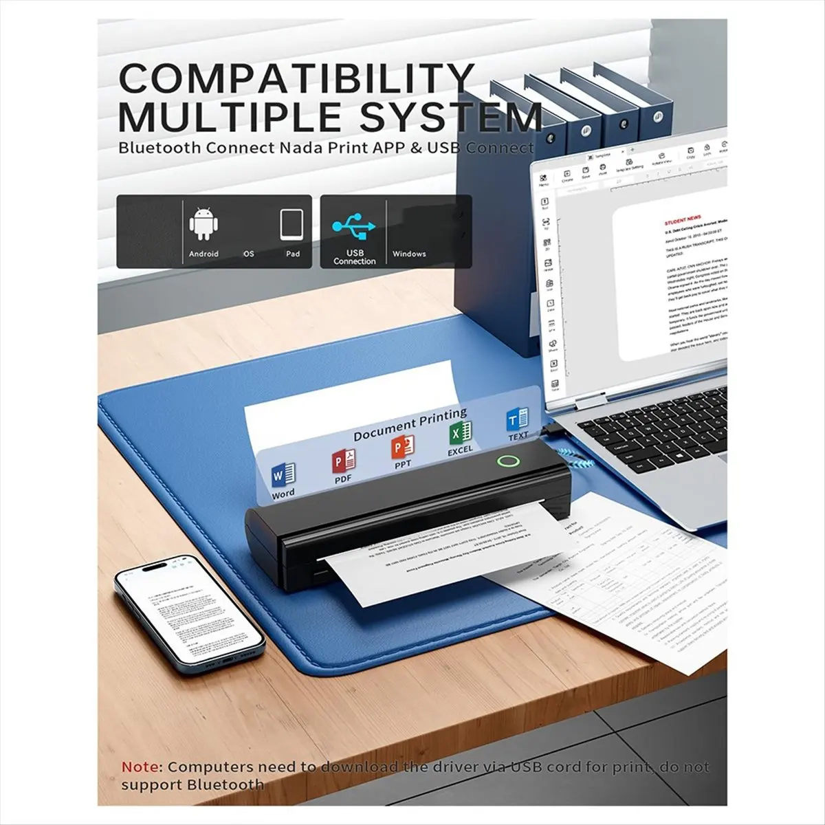 A008 Portable Printers for Travel, N80 Wireless Thermal Printer Bluetooth Inkless, for IOS, Android, Laptop for Office, Home