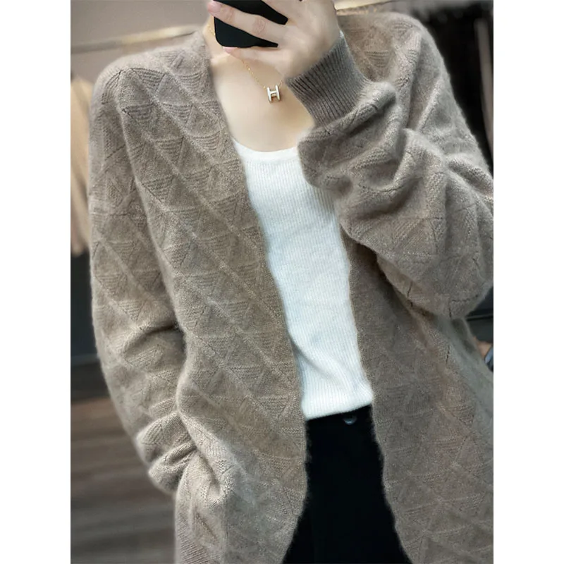 100% pura lana maglione donna giacca lavorata a maglia di media lunghezza 2022 autunno e inverno Cardigan a maniche lunghe spesso con scollo a v Top