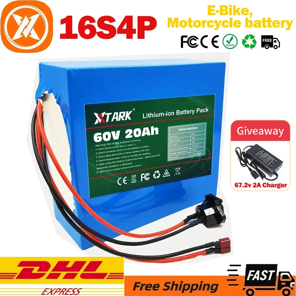 

16S4P 60V 20A Electric Bike 21700 Battery For Scooter Motorcycle 67.2V 3000W XT90 Rechargeable Battery With Same Port BMS+Charge