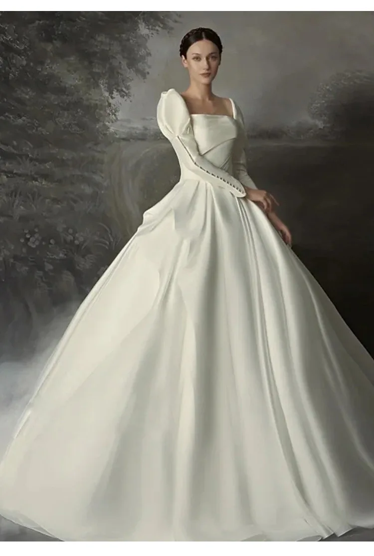 Luxury Satin A-Line Wedding Gowns Vintage Herben-style Puff Long-sleeve Princess Party Dress Gorgeous Evening Gown Bridal Gowns