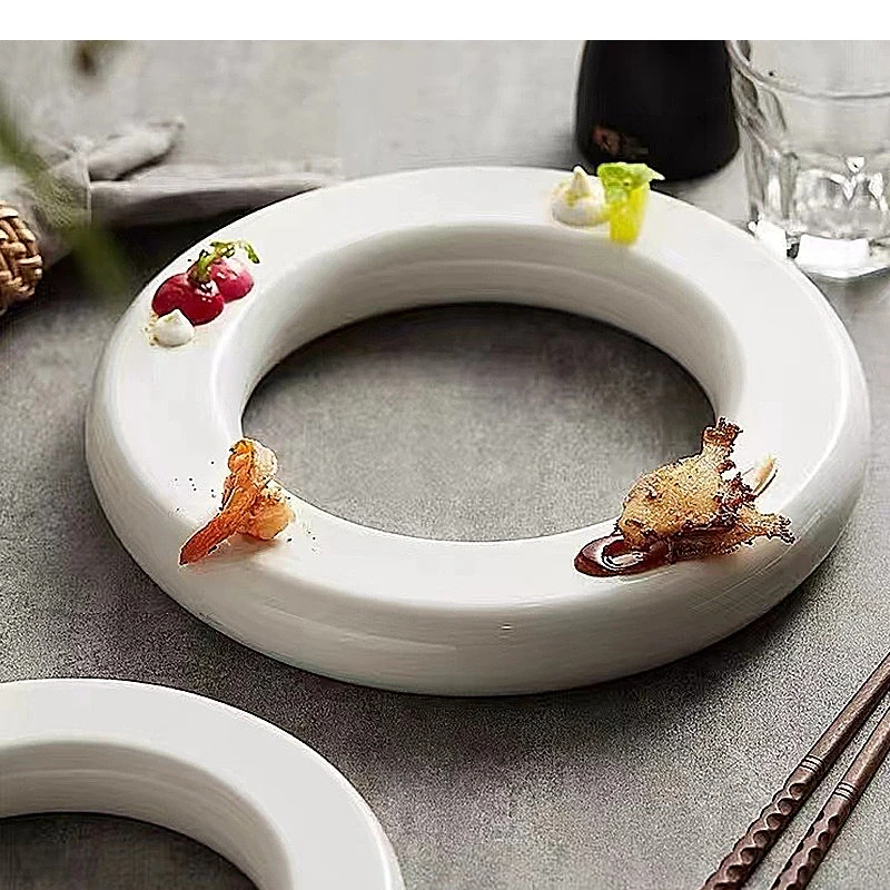 White Ring Ceramic Plate Hotel Restaurant Sashimi Sushi Food Decoration Tableware European Afternoon Tea Dessert