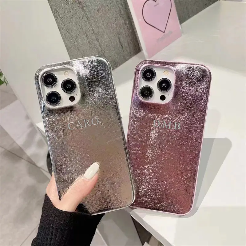 Casing kulit PU Glitter huruf perak emas kustom untuk Iphone 13 12 15 14 16pro Max 15plus casing penutup PU logam keras mewah