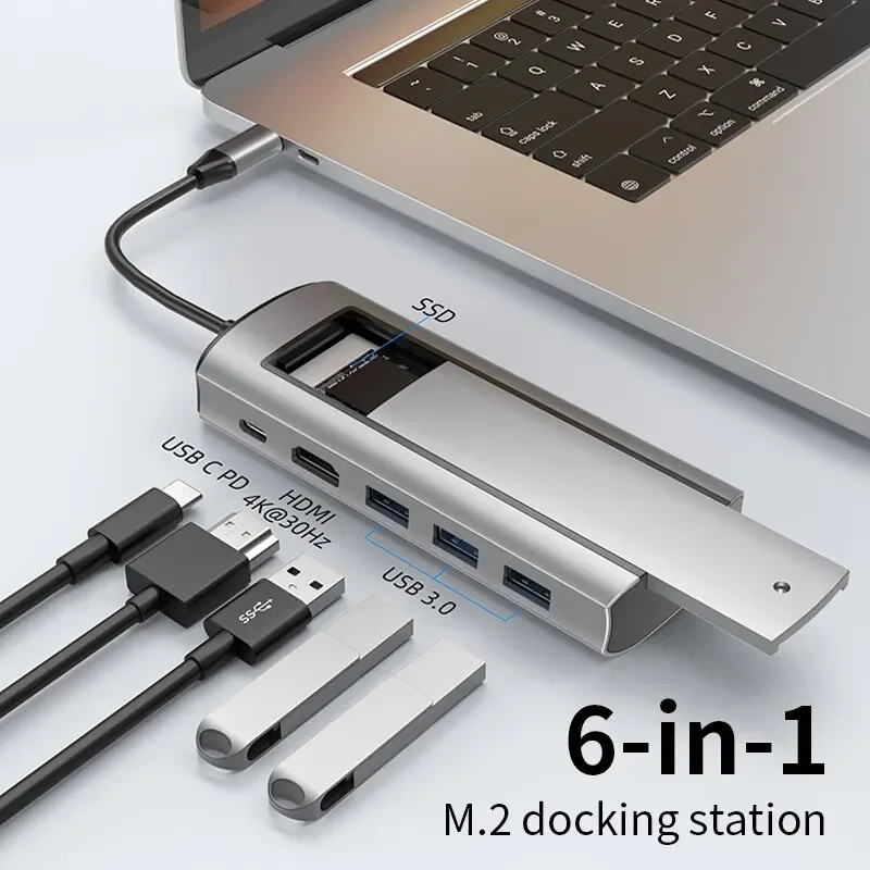 

6 in 1 USB C Dock Station with M.2 SSD Disk Storage SATA Protocol USB 3.0 Type C to HDMI for MacBook And Laptop PC