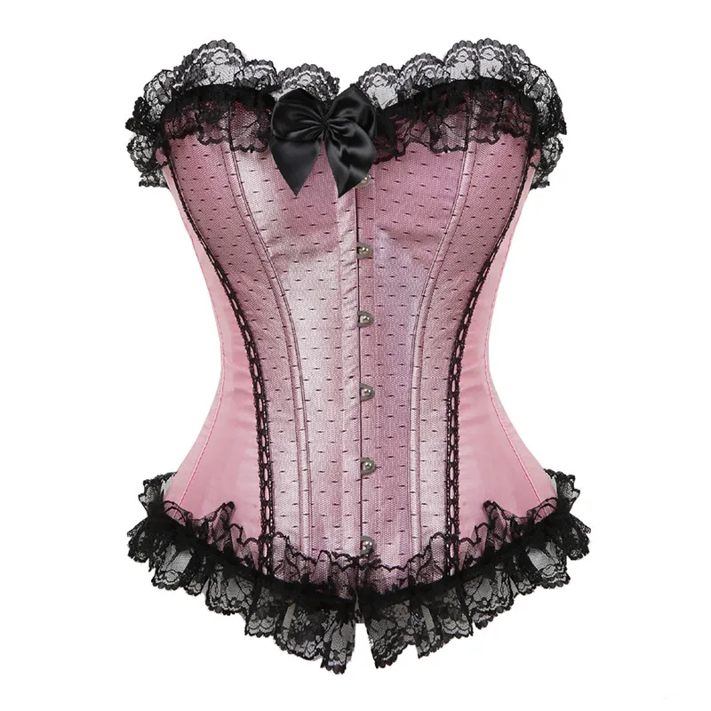 Pink Corset Top Sexy Lingerie Bustier Women Vintage Satin Lace Up Waist Cincher Body Shaper Corsets Plus Size Burlesque Corselet