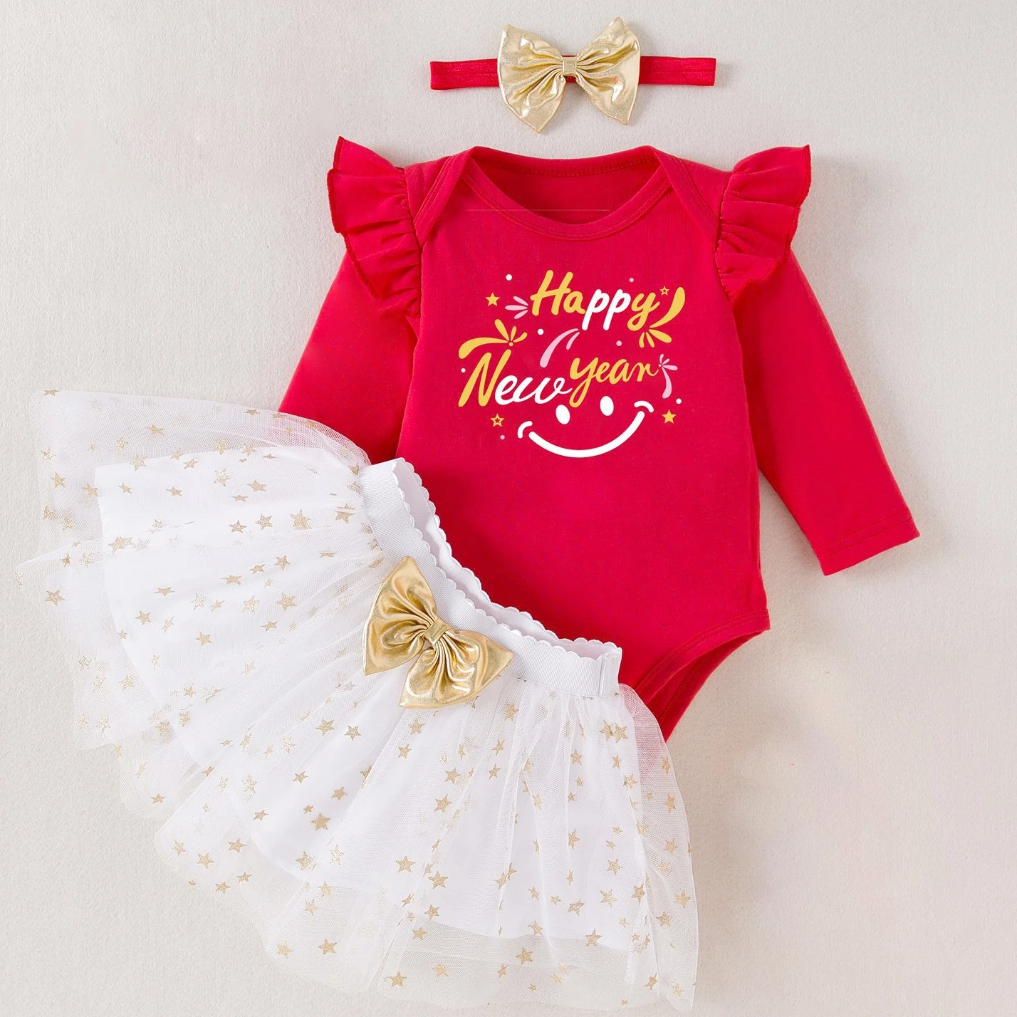

Baby Girl My First New Year Outfit Long Sleeve Bodysuit Star Tutu Skirt Headband Baby Girl Party Wear Clothes Cake Smash Outfit