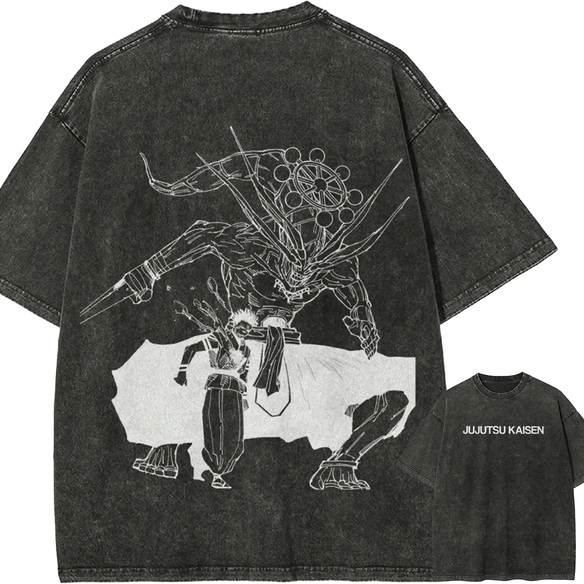 Mahoraga Sukuna T-Shirt Jujutsu Kaisen Line Art Tee Vintage Washed Oversized Anime Harajuku Herren Streetwear Grafik-Kleidung