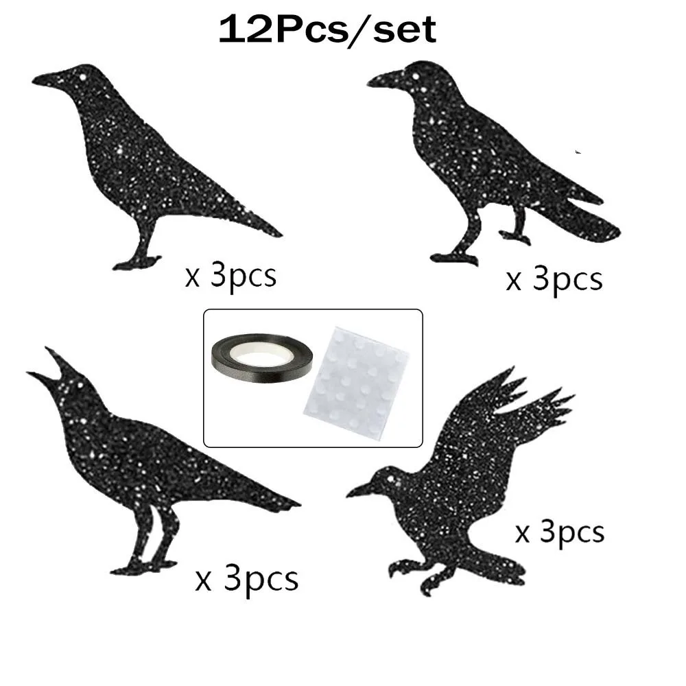 12pcs Dark Glittery Halloween Garland Lightweight Pack of 12 Black Crow Hanging Decor Ready To Hang Flat Pack