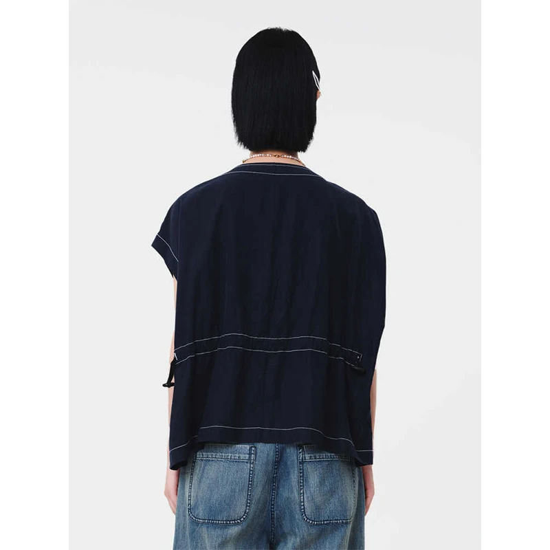 MOVEUP Casual Oversize Sleeveless Round Neck Shirt 2026 Summer New Asymmetrical Pocket Drawstring Commuter Women's Top 125220707