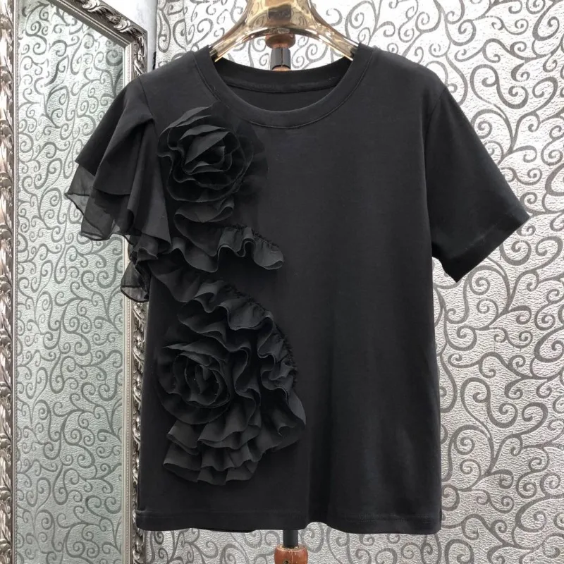 OCEANLOVE Spring Summer T Shirt for Women Ruffles Solid 3D Flower Vintage Ropa De Mujer Korean Fashion Asymmetrical Tees