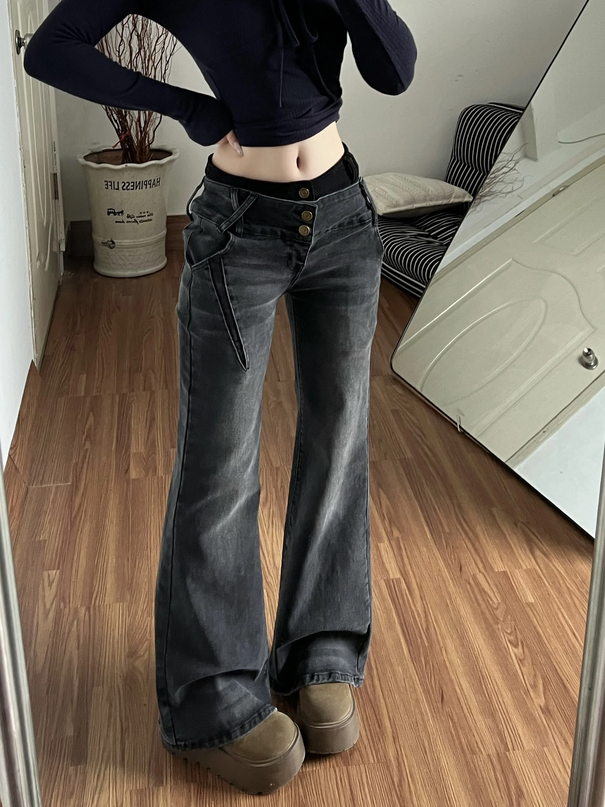 

Slim Fit Low Waist Bell Bot Denim Jeans Women's Autumn Winter New Sle Casual Straight Leg Pants Trendy Chic Simple