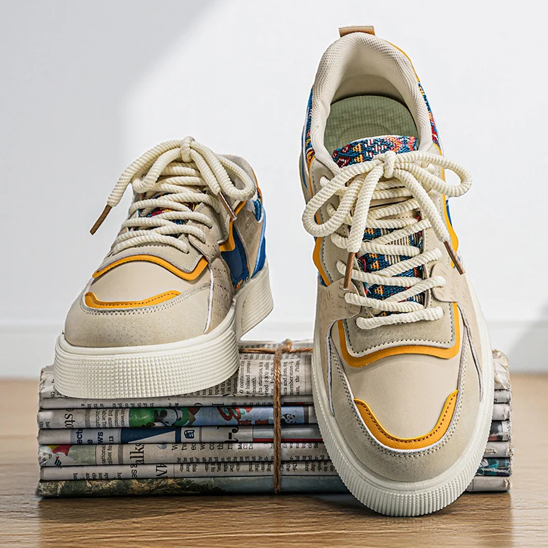 Men's Ethnic Tribal Print Sneakers - Color Block Platform Skate Shoes