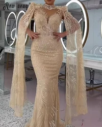 Robes De Soirée Light Champagne Mermaid Evening Dress Women Long Cape Sleeve Wedding Party Gowns Custom Made Engagement Dress