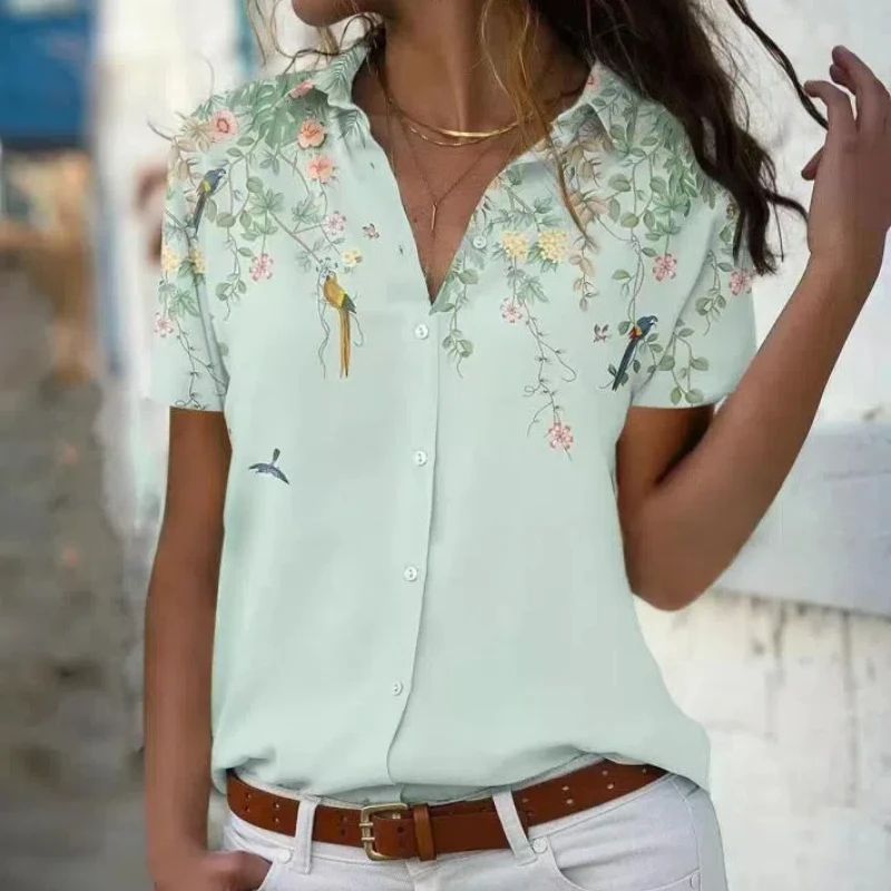 

Women's Fashion Turn Down Collar Elegant Printed Top Casual Short Sleeve Loose Button Down Shirt 299