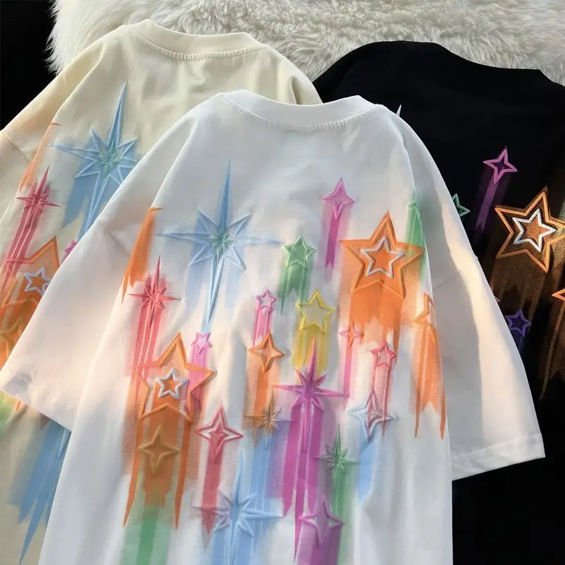 Hip Hop Unisex Short Sleeve Tops Summer Harajuku Creative Speckle Star Cute Graphic T Shirts High Quality Cotton Tee Oversized