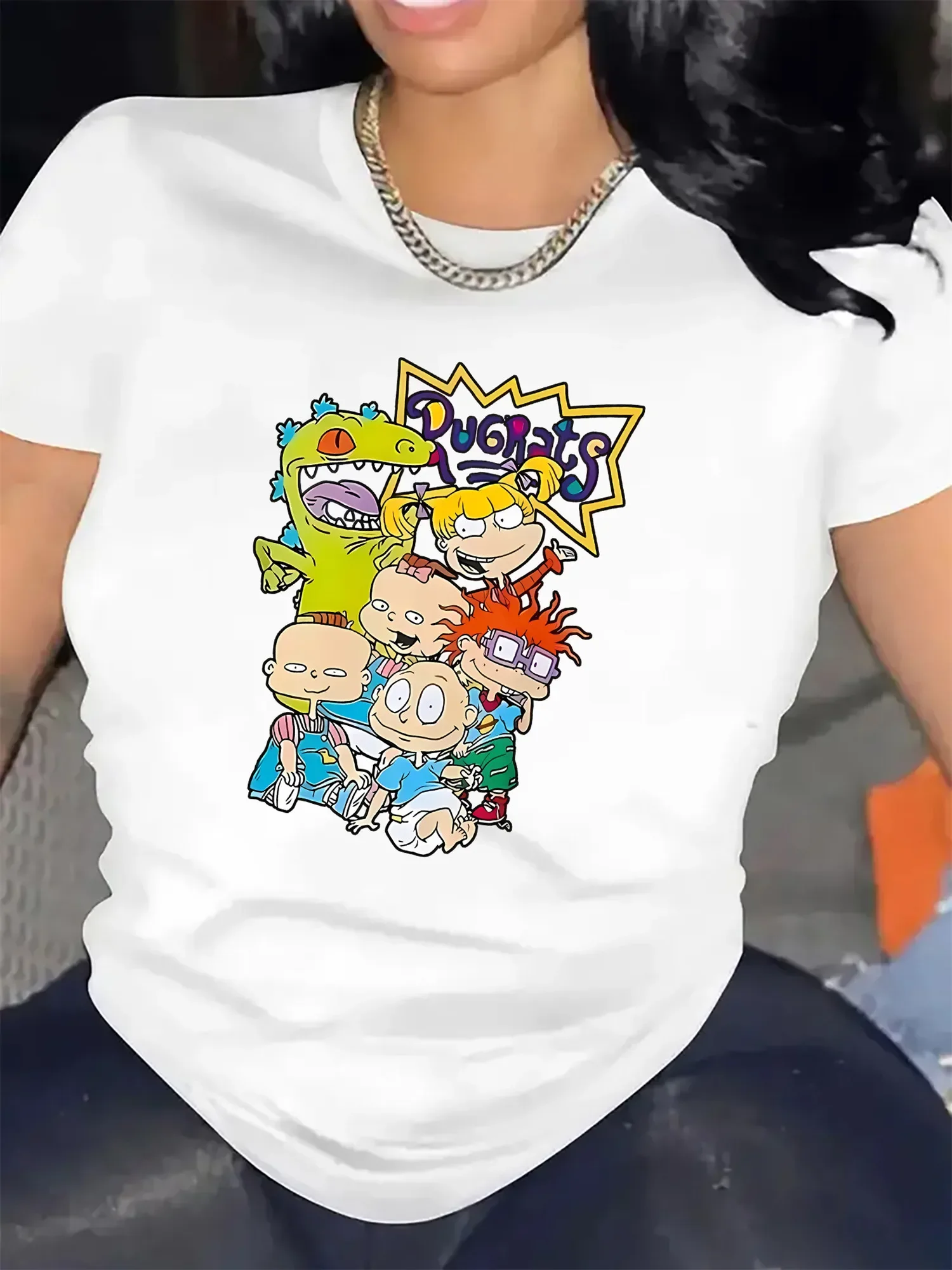 Women's Cartoon Graphic Rugrats Characters Print Casual Crew Neck Polyester Blend with Spandex Fashionable Everyday Top