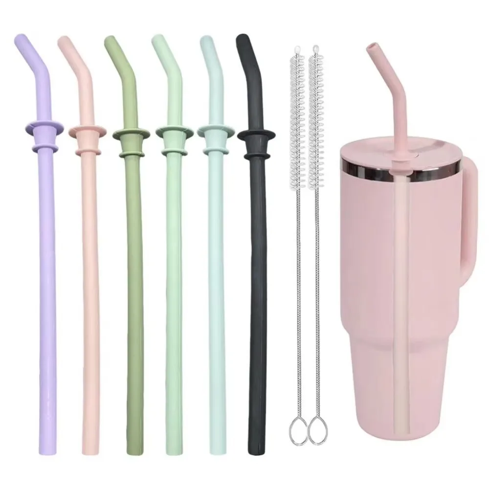 Soft Reusable Silicone Straws Large Diameter Straw Long Straw Press In Straw Cleaning Brush Drinking Straws for 40oz Travel Mug