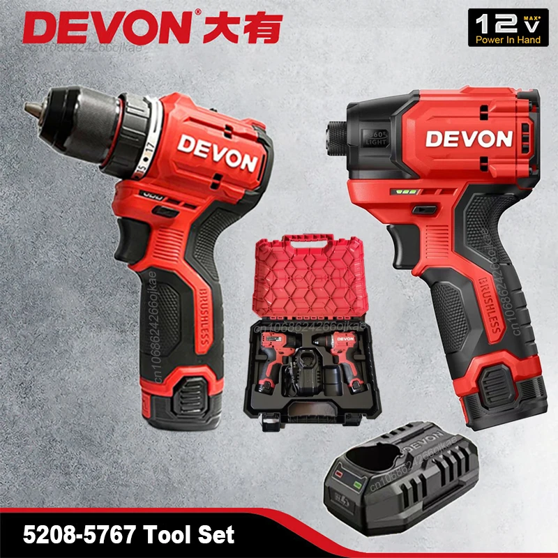 

Devon 12v Power Tool Sets Brushless Cordless Drill 5208 50Nm Impact Screwdriver 5767 140Nm 3300rpm 4100ipm 2 Intelligent Gear