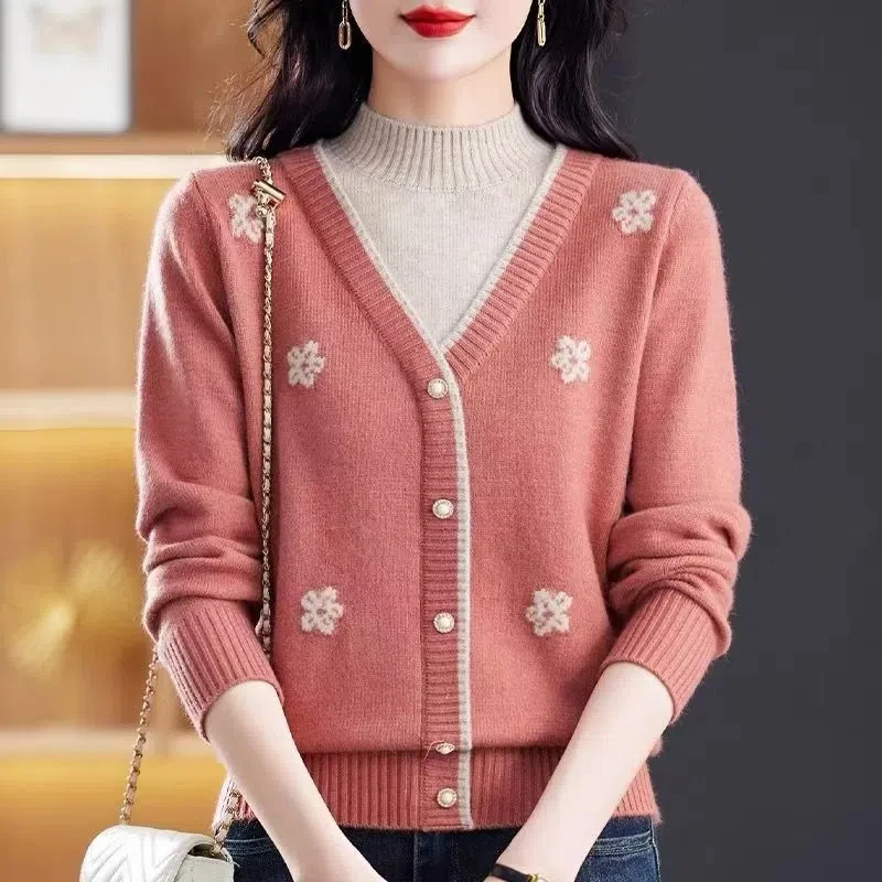 Women\'s Clothing Button Long Sleeve Half High Collar Autumn Winter Sweater Knitted Pullover Casual Elegant Screw Thread Tops