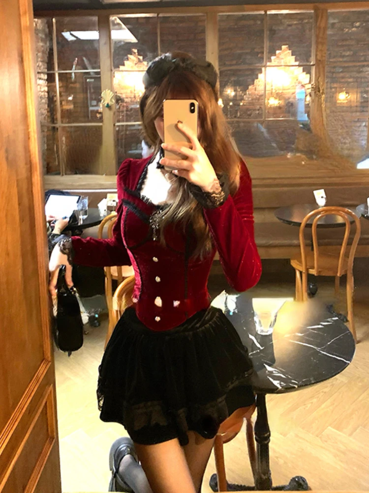 2024 Spring French Vintage Velvet Suit Woman Red Casual Blouse + Black Slim Y2k Mini Skirt Kawaii Korean Fashion Set Woman Chic