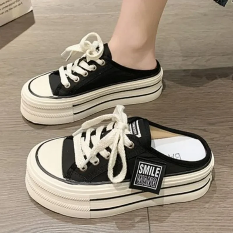 

2025 New Canvas Shoes for Women, Thick Bottom Baotou Slippers, Fashionable Outerwear Lace Up Casual Sports Board Shoes