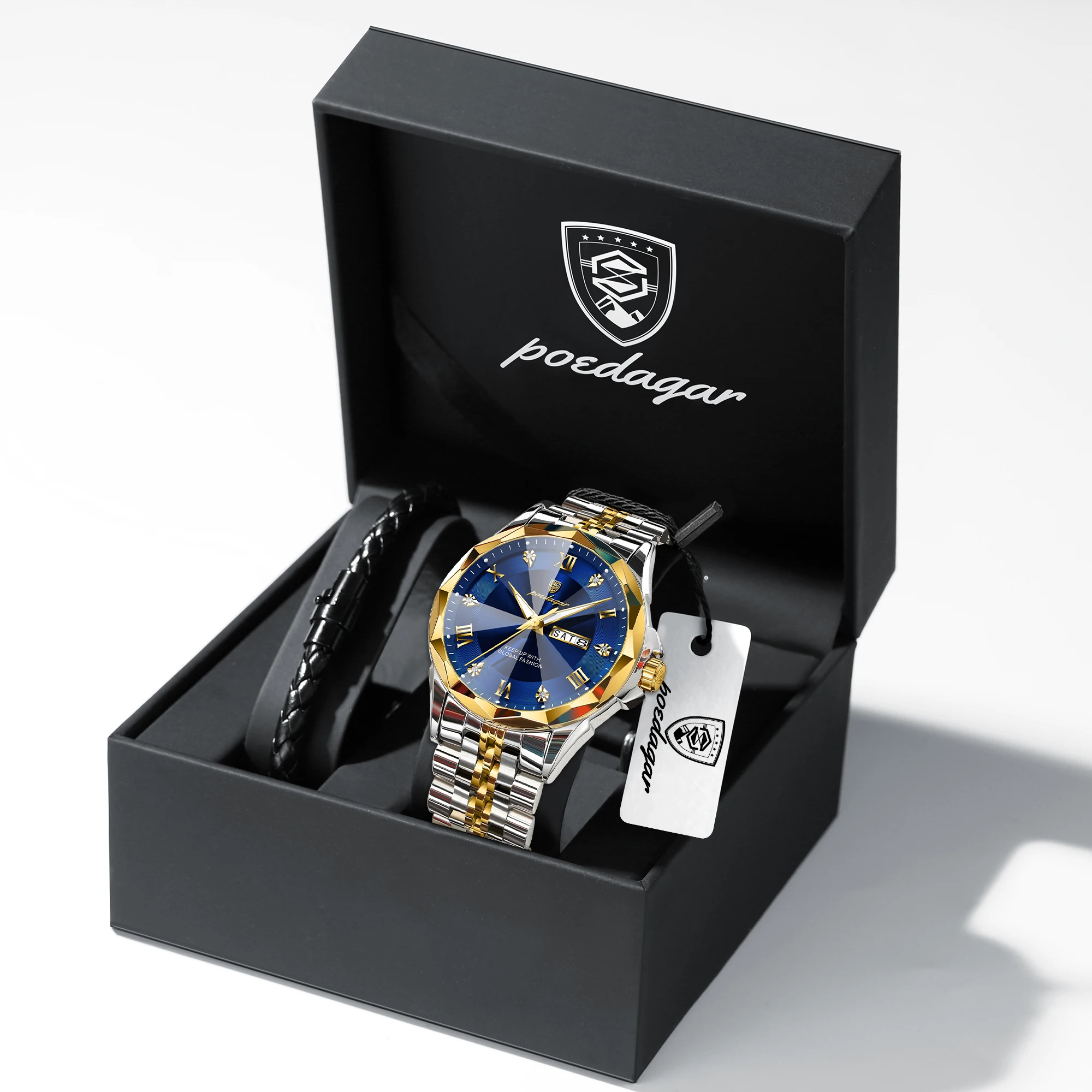 POEDAGAR Fashion Luxury Men Watch Waterproof Luminous Date Week Couple Wristwatch Stainless Steel Men's Quartz Watches+Box Gift