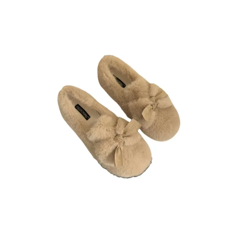 Mocasines sin cordones peludos para mujer, mocasines de conducción con decoración de lazo y forro de felpa, zapatos informales cálidos para interiores y exteriores, invierno 2025