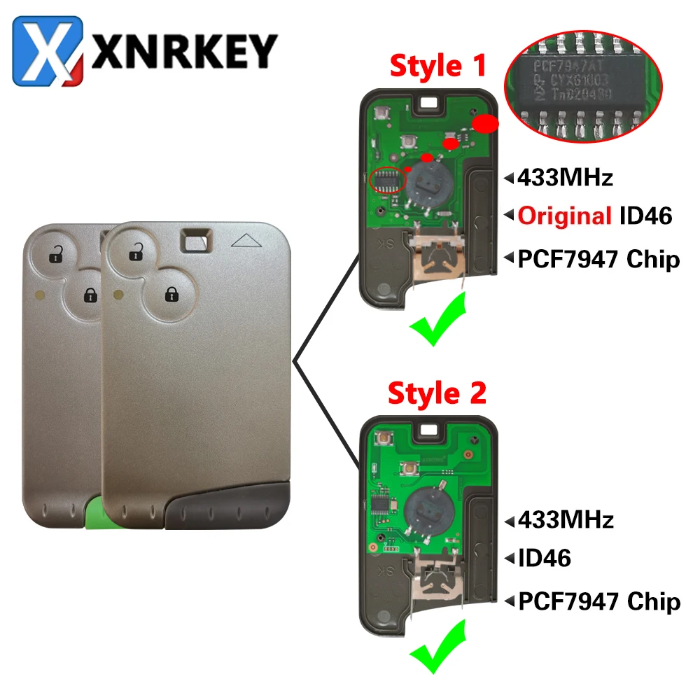 XNRKEY 2 زر مفتاح السيارة عن بعد PCF7947/ID46 رقاقة 433Mhz لرينو لاغونا اسبيس 2001-2006 البطاقة الذكية مفتاح السيارة