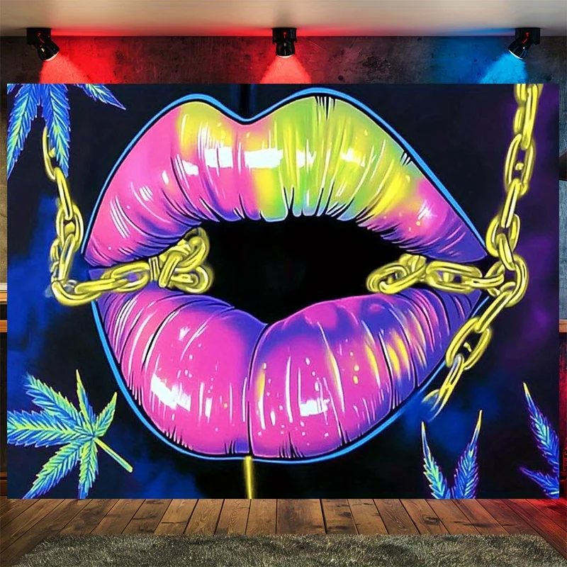 Neon Lips Tapestry, Gold Chain Wall Hanging, Psychedelic Art Dorm Decor, Colorful Pop Style Bedroom Blanket for Teens