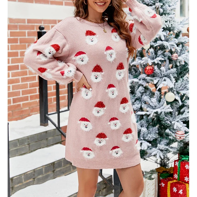 Funny Kawaii Cartoon Santa Claus Jacquard Christmas Party Mini Dresses for Women Casual Long Sleeve Loose Knitted Sweater Dress